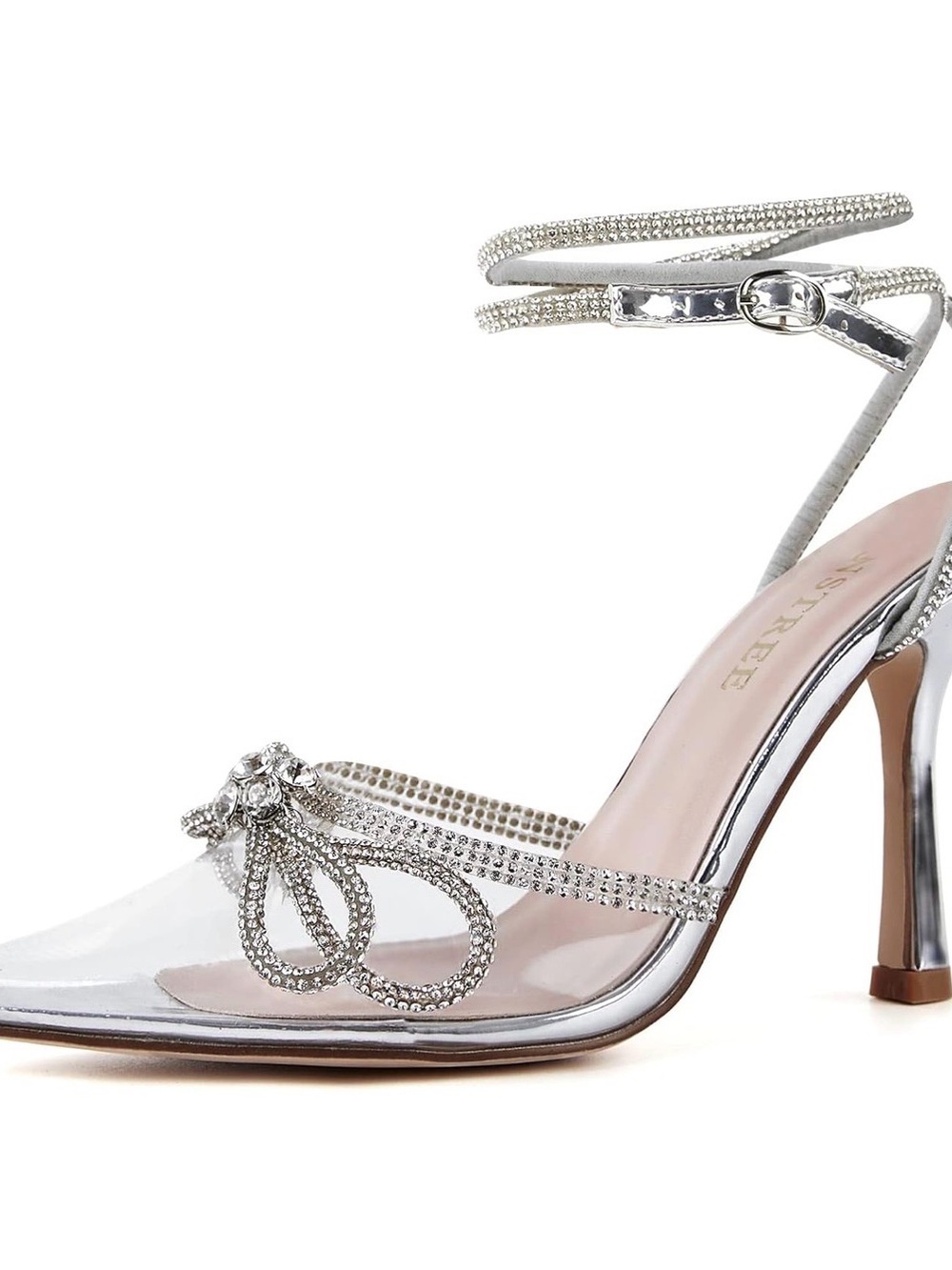 Clear Pointy Toe Satin High Heels Ankle Strap Bow Rhinestone Pumps